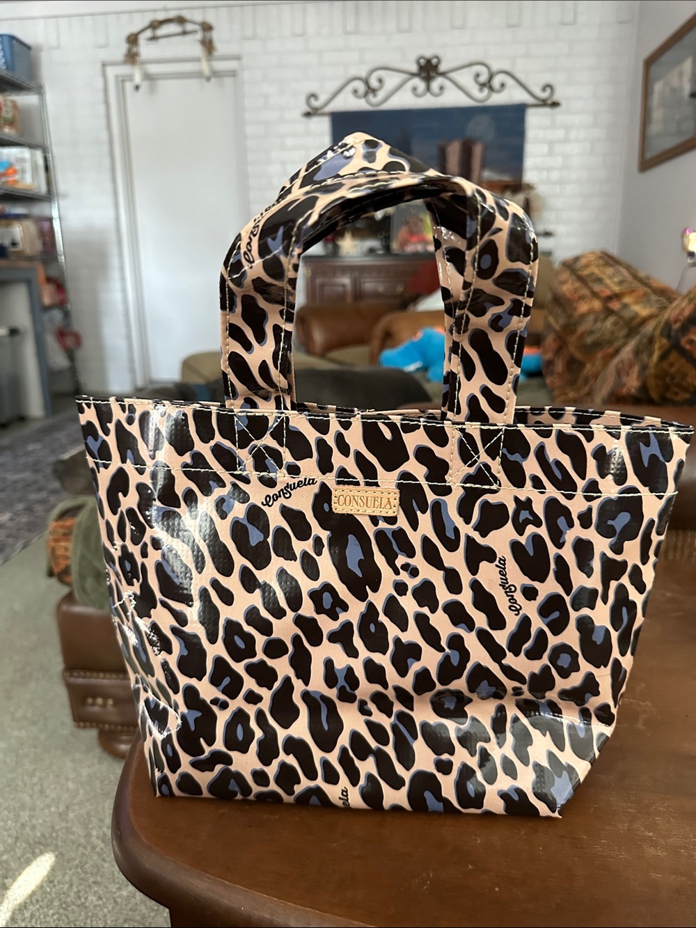 Consuela Leopard-Print Grab and Go Coated  Tote in Beige, Black and Blue
